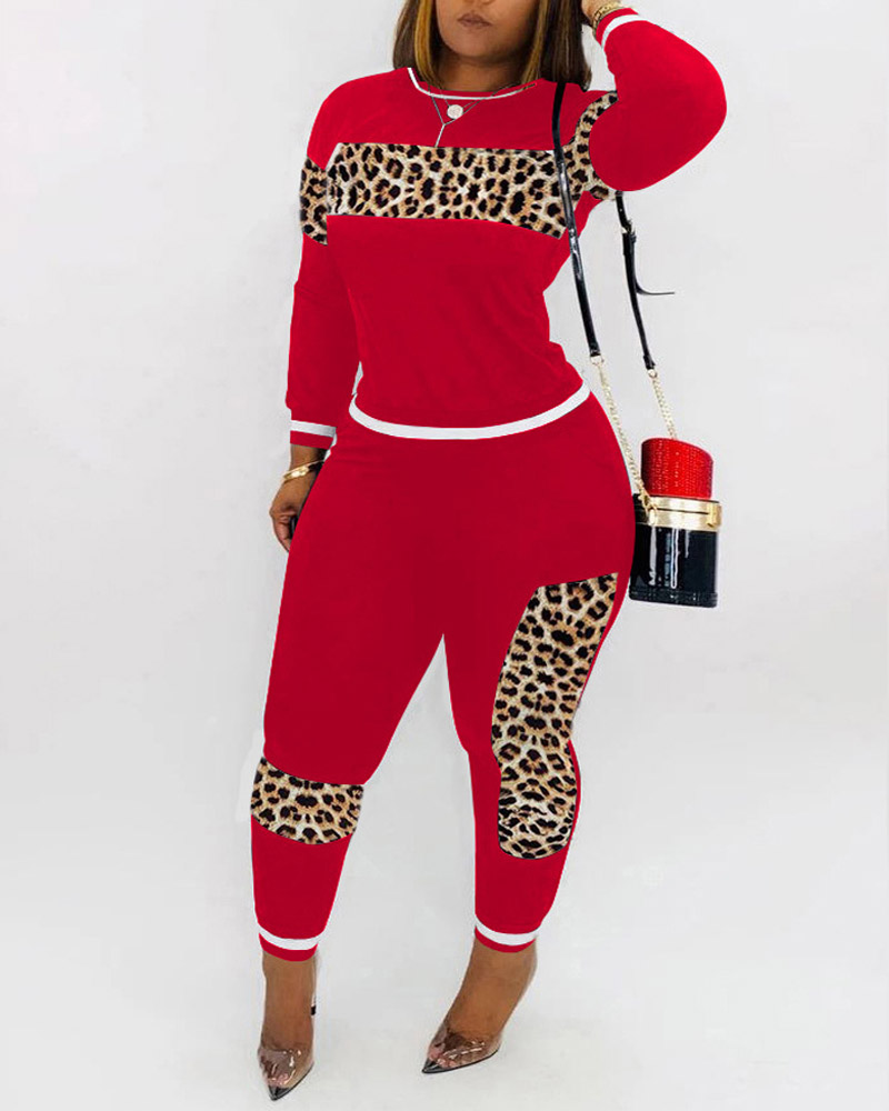 

Plus Size Contrast Leopard Long Sleeve Top & Pants Set, Red