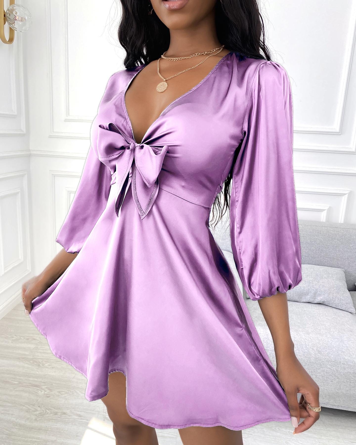 

Puff Sleeve Plunge Tie Front Dress, Purple