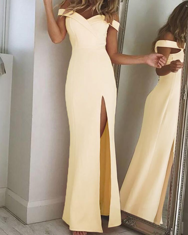 

Off Shoulder Thigh Slit Evening Dress, Khaki