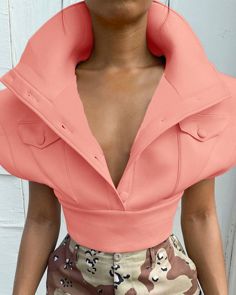 

Button Pocket Design Cap Sleeve Top, Orange