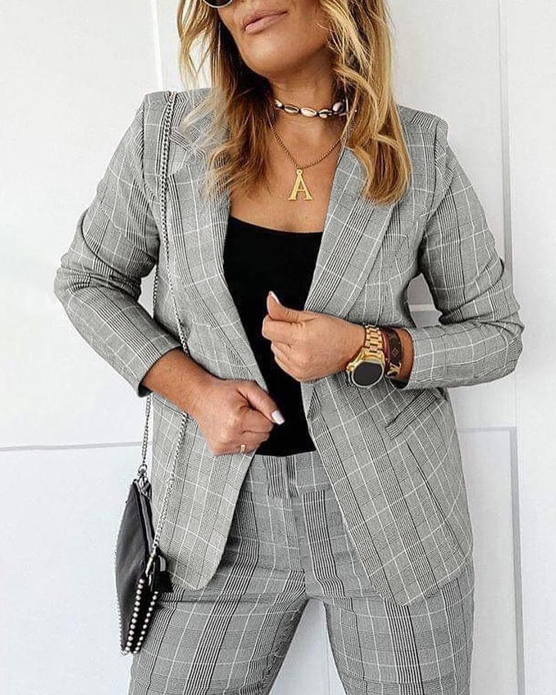 

Plaid Print Buttoned Long Sleeve Blazer Coat, Gray