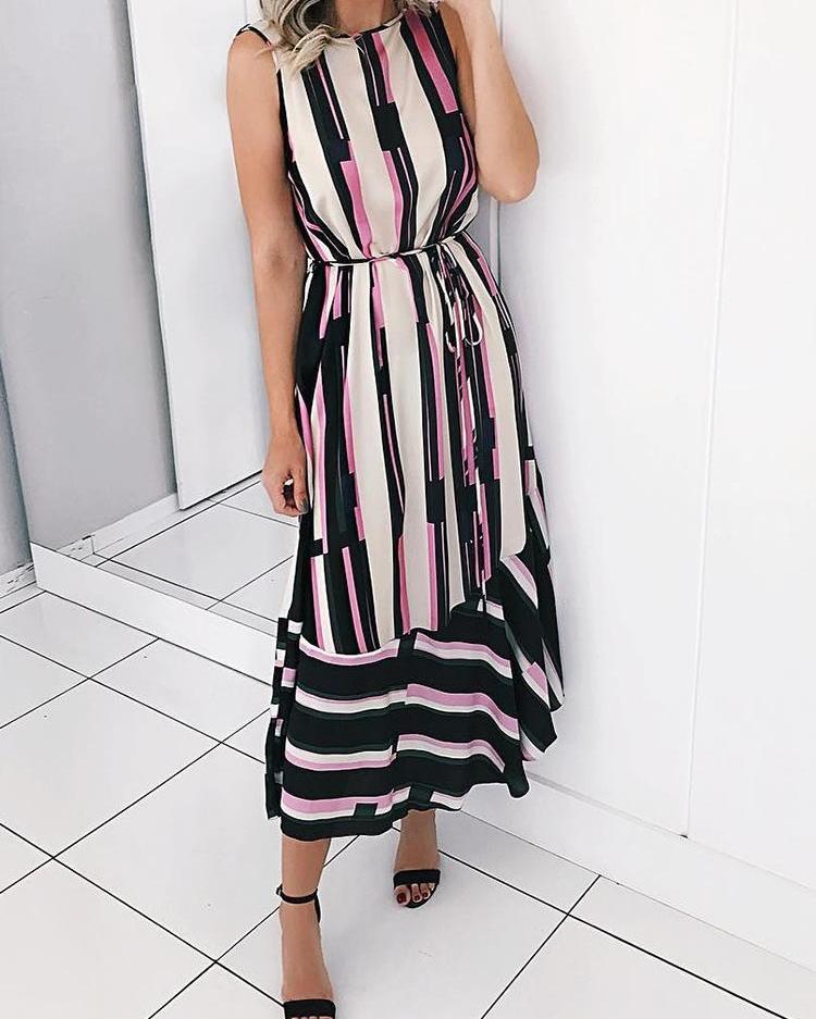 

Striped Print Sleeveless Tied Detail Casual Dress, Multicolor