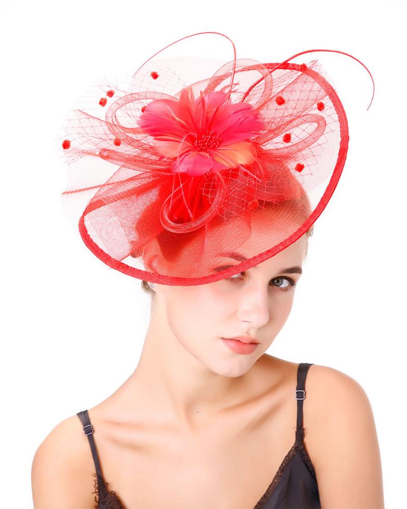 

1pc Feather Fascinator Hat Sheer Mesh Hair Clip Hairpin Hat Bridal Wedding Cocktail Tea Party Headwear, Red