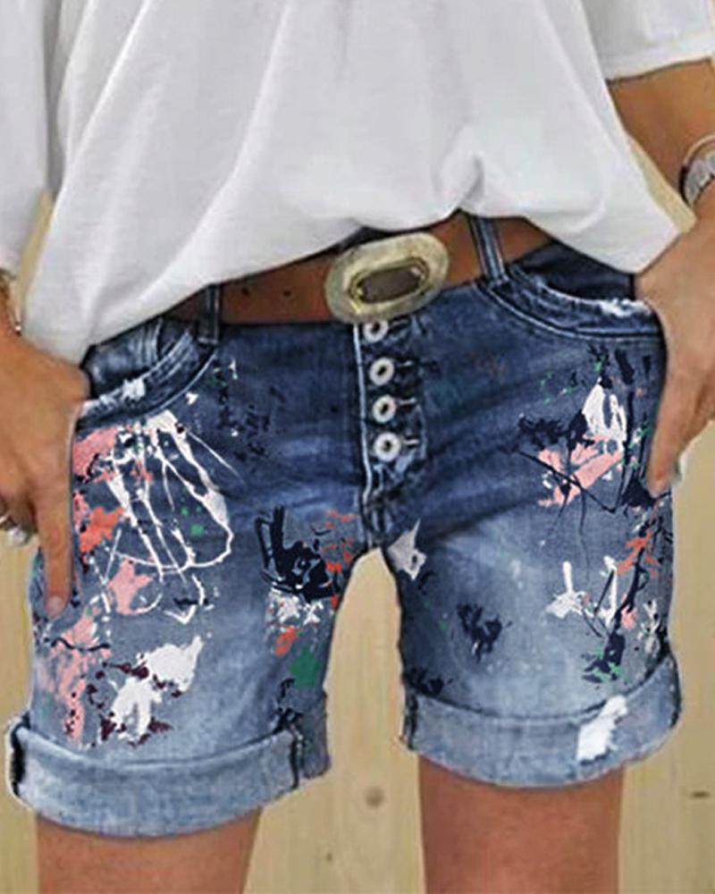 

Allover Print Roll Hem Button Fly Denim Shorts, Dark blue