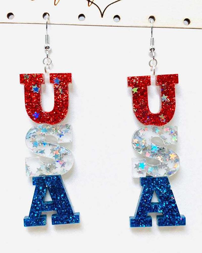 

Independence Day American Flag Sequins Letter USA Drop Earrings, Blue