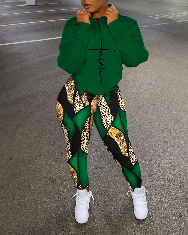 

Faith Baroque Leopard Print Top & Pants Set, Green