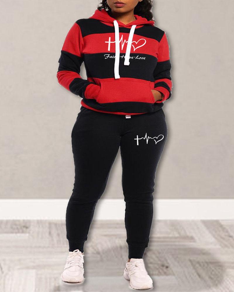 

Plus Size Colorblock Heart Print Casual Top & Pants Set, Red