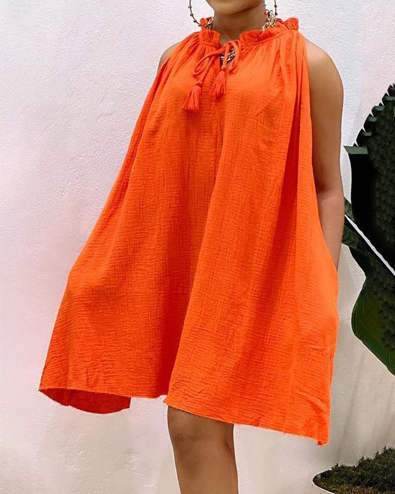 

Frill Trim Pocket Detail Tie Neck Swing Dress, Orange