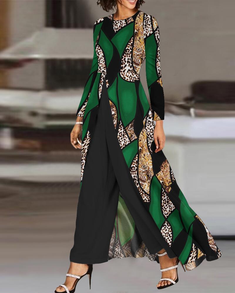 

Baroque Leopard Print Patchwork Asymmetrical Jumpsuit, Green