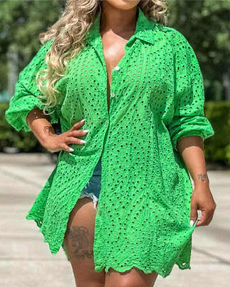 

Eyelet Embroidery Long Sleeve Button Down Shirt, Green