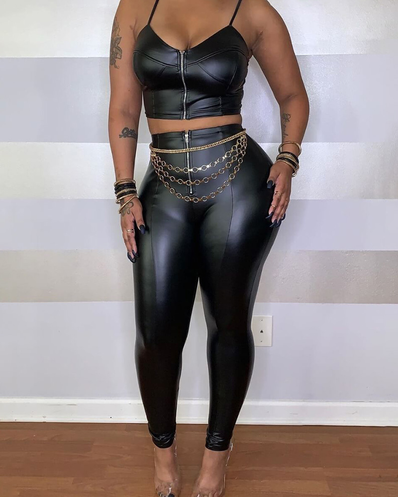

PU Leather Zip Front Top & Skinny Pants Set, Black