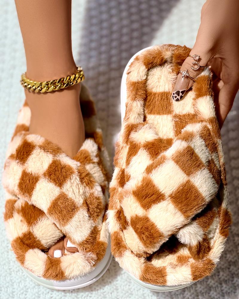 Plaid Cross Strap Platform Fluffy Slippers