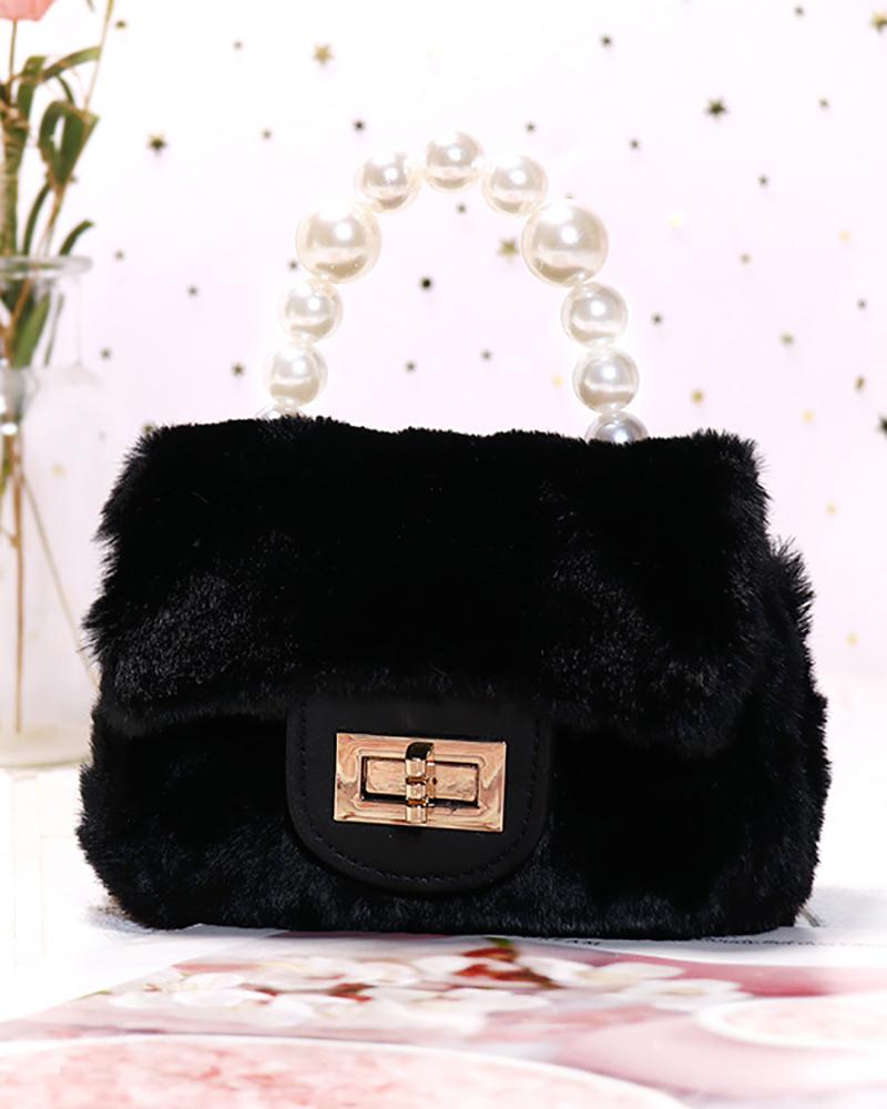 

Fuzzy Twisted Lock Beaded Strap Mini Satchel Bag, Black