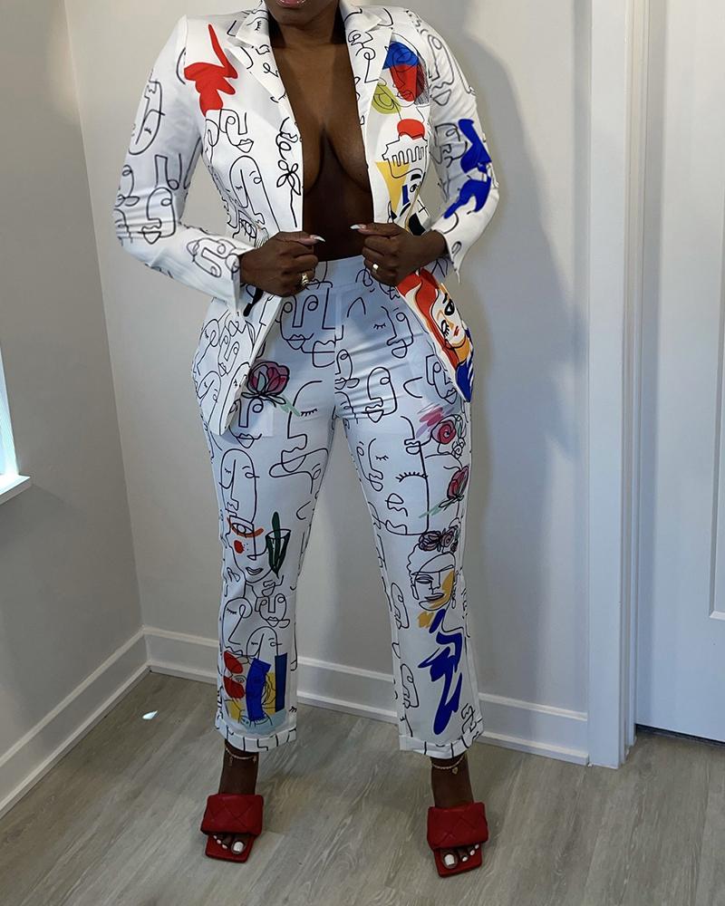 

Cartoon Print Notched Collar Open Front Blazer & Pocket Detail Pants Set, White