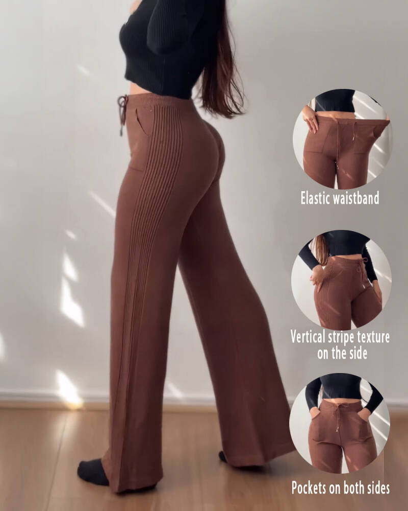 

Pantalones largos casuales ajustados de cintura alta con cintura elástica y tejido jacquard, Coffee