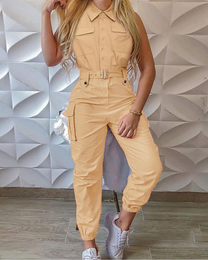 

Sleeveless Pocket Design Buttoned Cargo Jumpsuit, Khaki