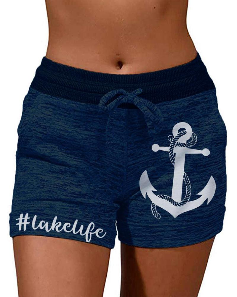 

Boat Anchor Letter Print Drawstring Active Shorts, Blue