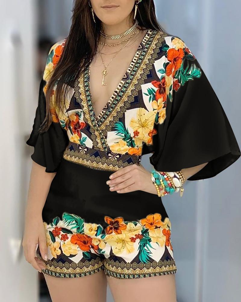 

Deep V Neck Floral Half Sleeve Romper, Black