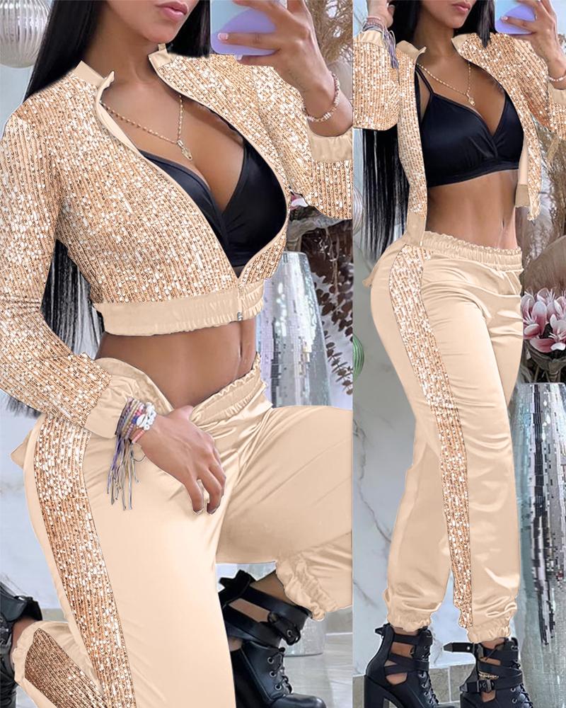 

Contrast Sequin Zip Up Top & Cuffed Pants Set, Apricot