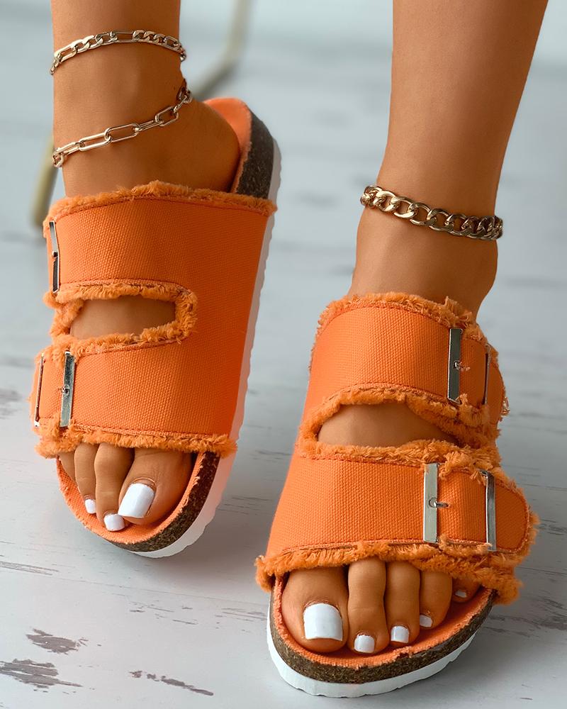 

Fringe Hem Buckled Open Toe Knit Slippers, Orange