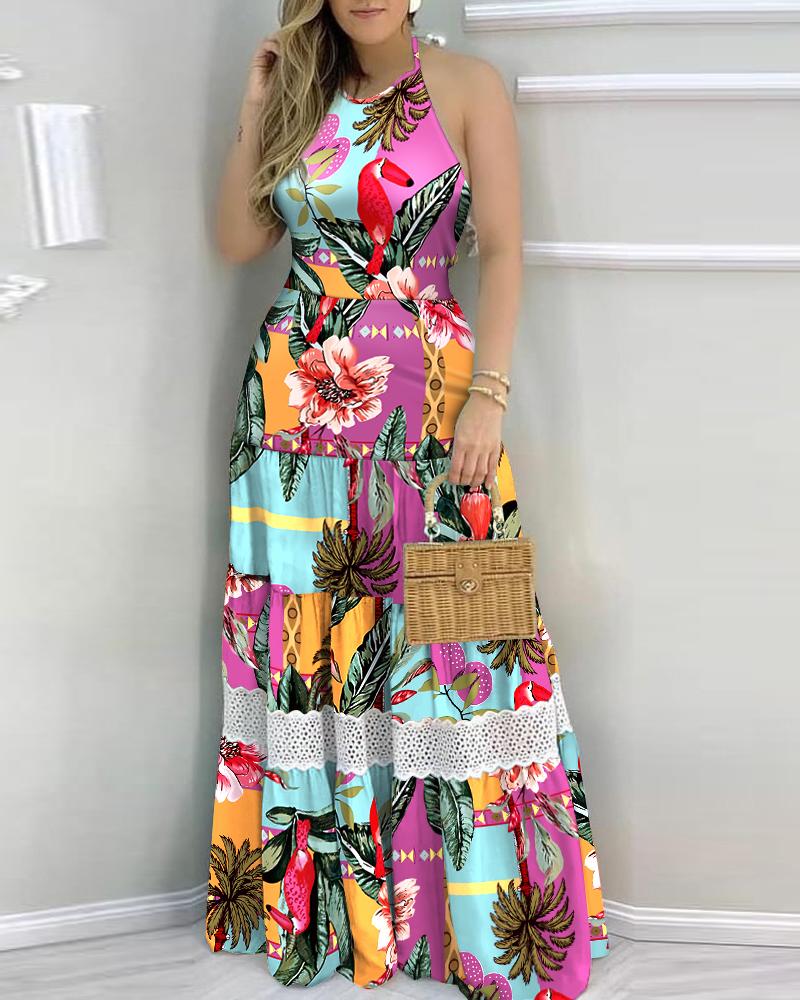 

Tropical Print Guipure Lace Patch Halter Backless Maxi Dress, Multicolor