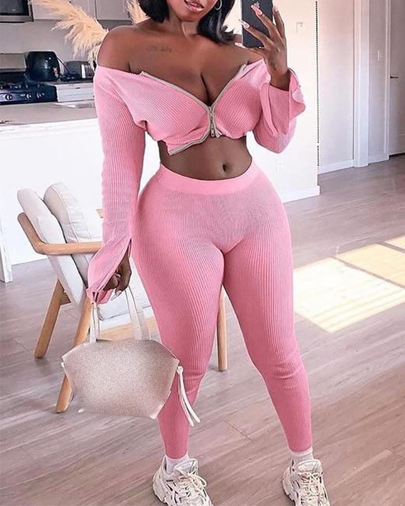 

Ribbed Zipper Design Top & High Waist Pants Set, Pink