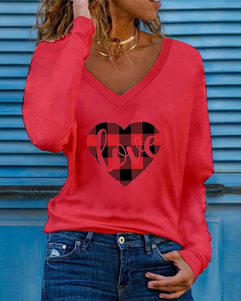 

Valentine's Day Long Sleeve Plaid Letter Heart Print Top, Red