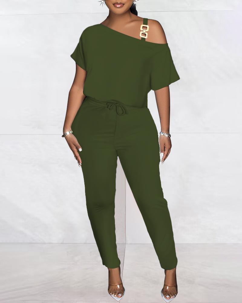 

Cold Shoulder Drawstring Chain Decor Jumpsuit, Army green
