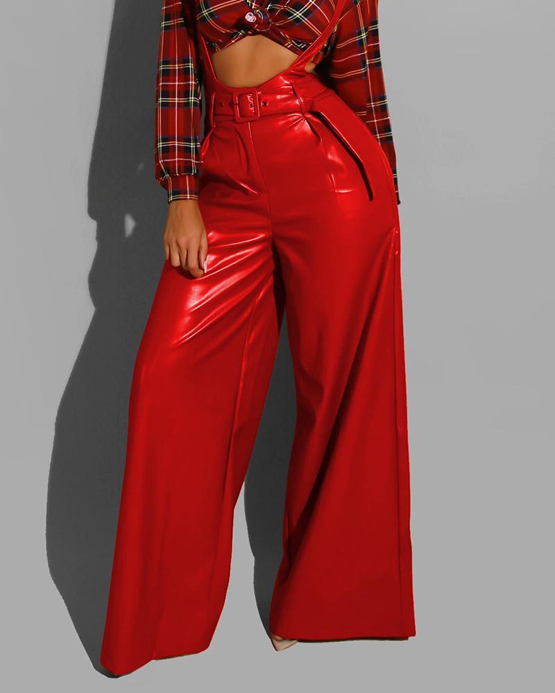 

PU Leather Pocket Design Wide Leg Suspender Jumpsuit, Red