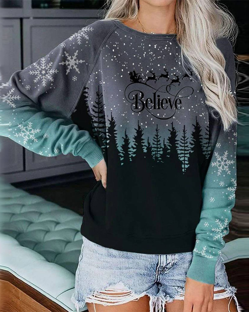 

Christmas Tree Snowflake Letter Elk Print Raglan Sleeve Sweatshirt, Blue