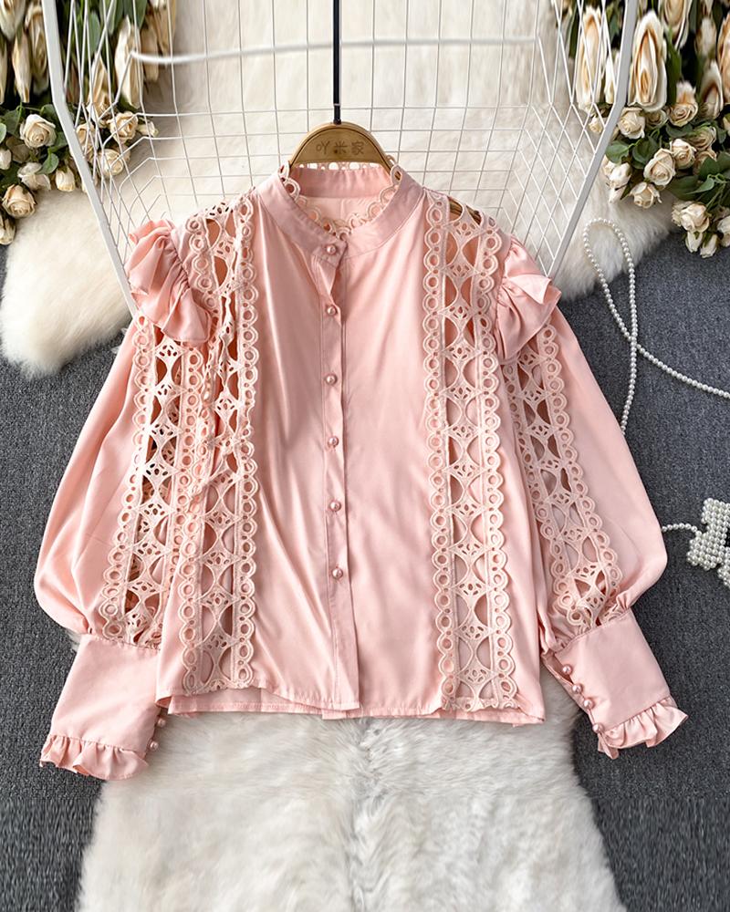 

Ruffles Lantern Sleeve Hollow Out Top, Pink