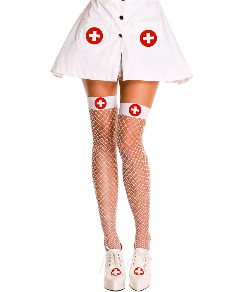 

1Pair Thigh High Nurse Badge Costume Fishnet Stockings, White