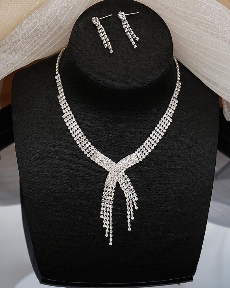 

Rhinestone Tassel Design Earrings & Necklace Jewelry Set, Silver