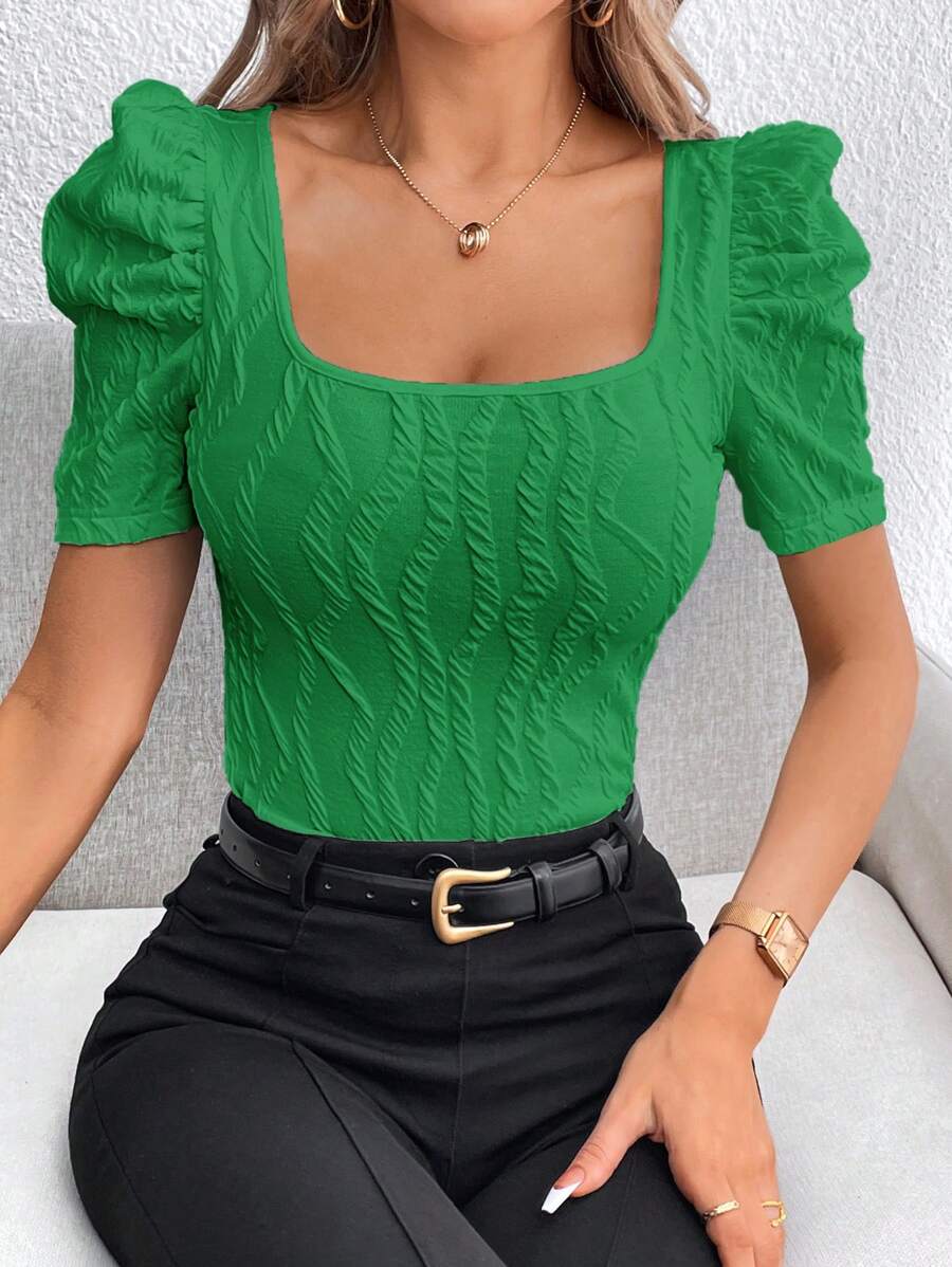 

Puff Sleeve Square Neck Textured Top, Green