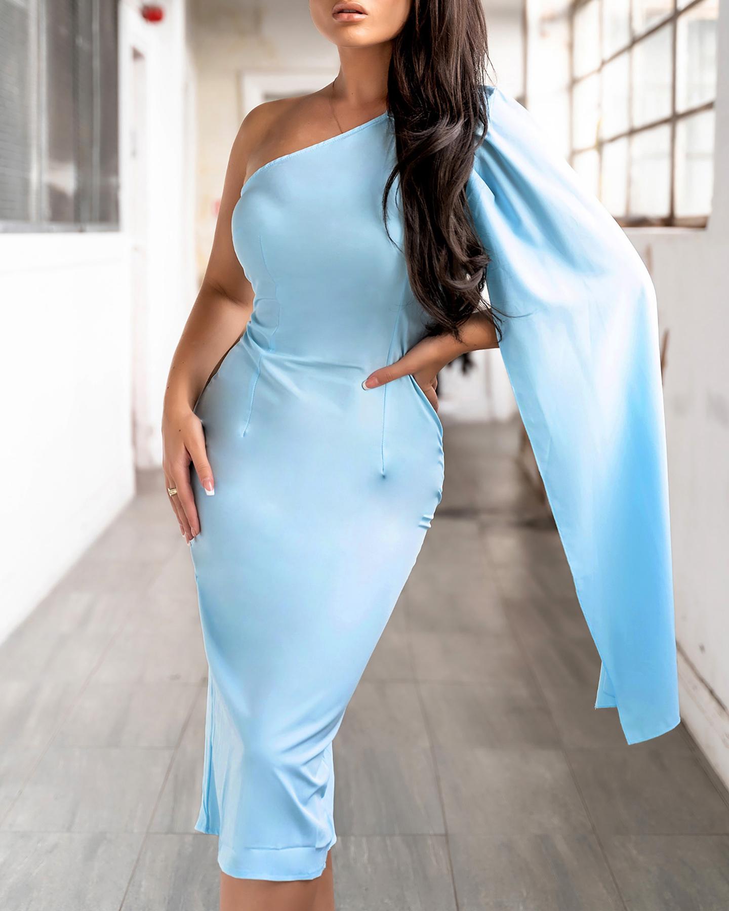 

One Shoulder Cape Sleeve Skinny Party Dress, Sky blue