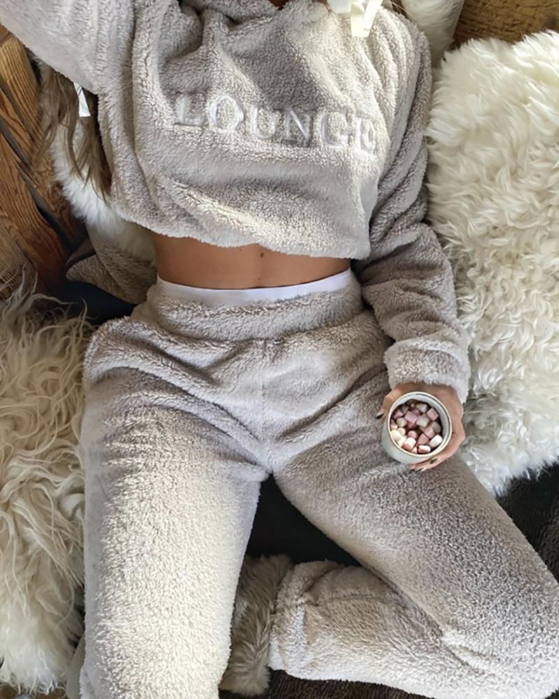 

Fluffy Letter Embroidery Hooded Top & Pocket Design Pants Set, Gray