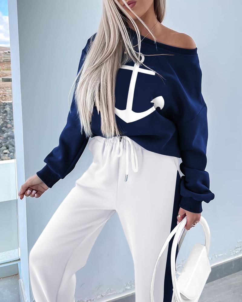 

Anchor Print Sweatshirt & Striped Sweatpants Set, Blue