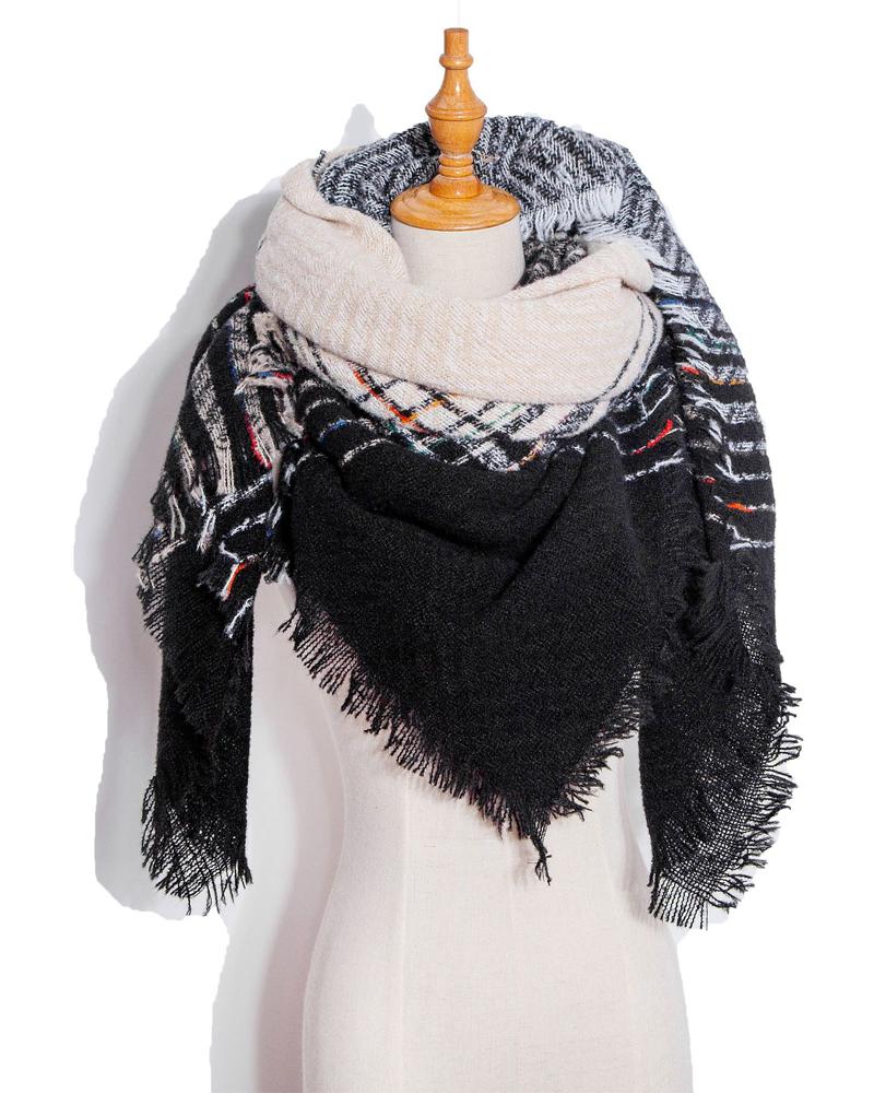 

1pc Fringe Trim Plaid Warm Triangle Scarf Wrap Shawl, Style9