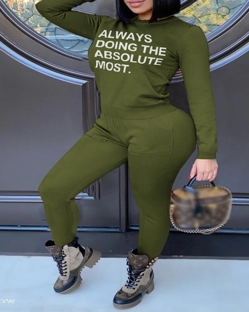 

Plus Size Letter Print Long Sleeve Top & Pants Set, Green