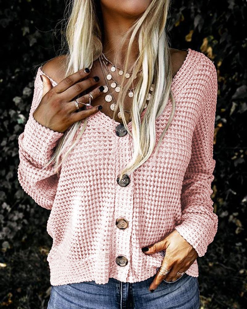 

V Neck Buttoned Long Sleeve Casual Knit Cardigan, Pink