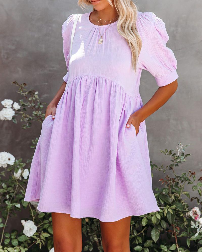 

Solid Color Puff Sleeve Midi Dress, Purple