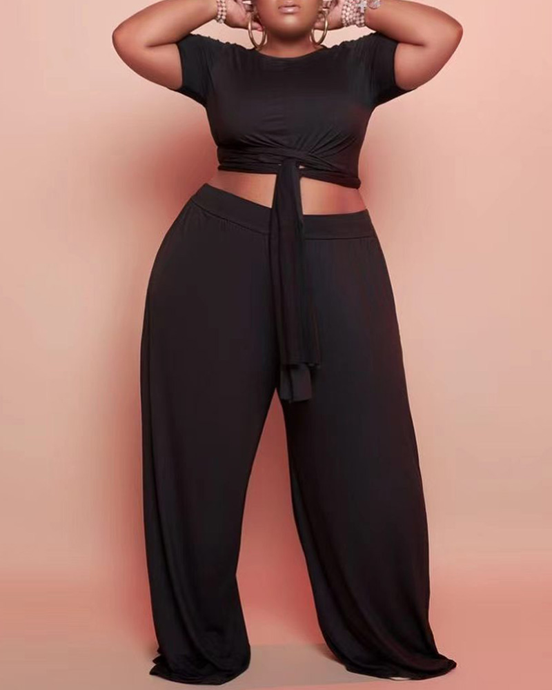 

Plus Size Tied Detail Top & Wide Leg Pants Set, Black