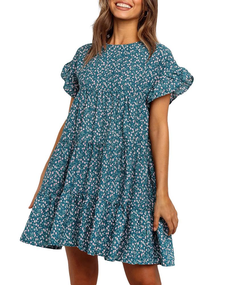 

Floral Print Ruffles Mini Dress, Dark blue