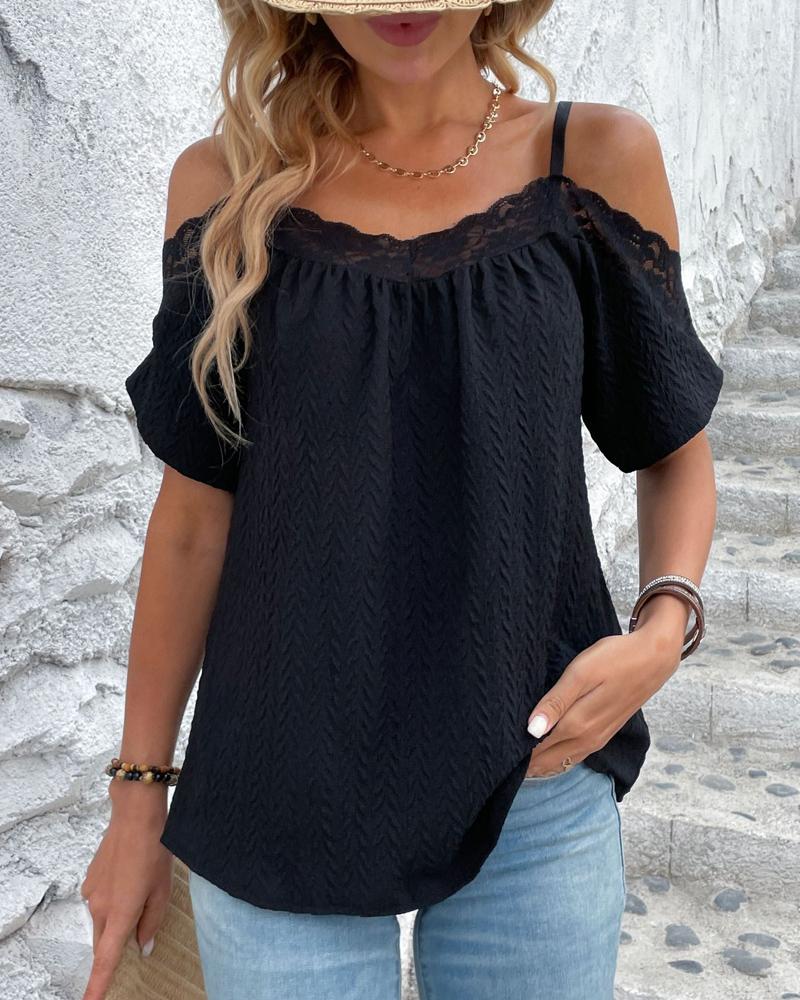 

Lace Patch Cold Shoulder Ruched Top, Black