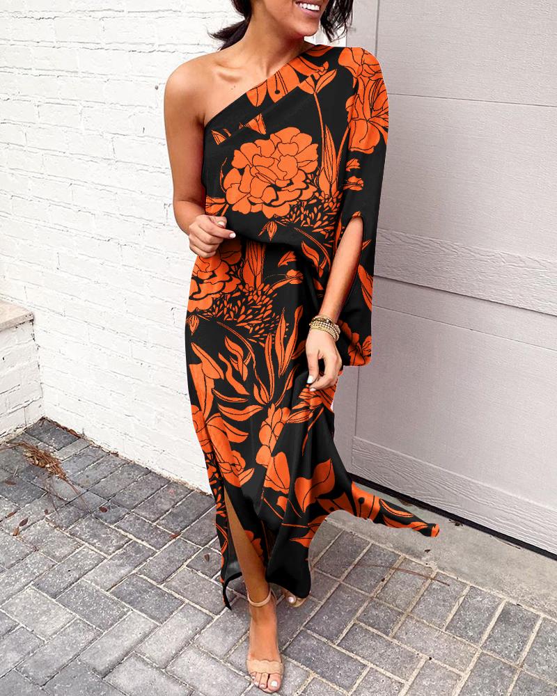 

One Shoulder Split Hem Plants Print Maxi Dress, Black