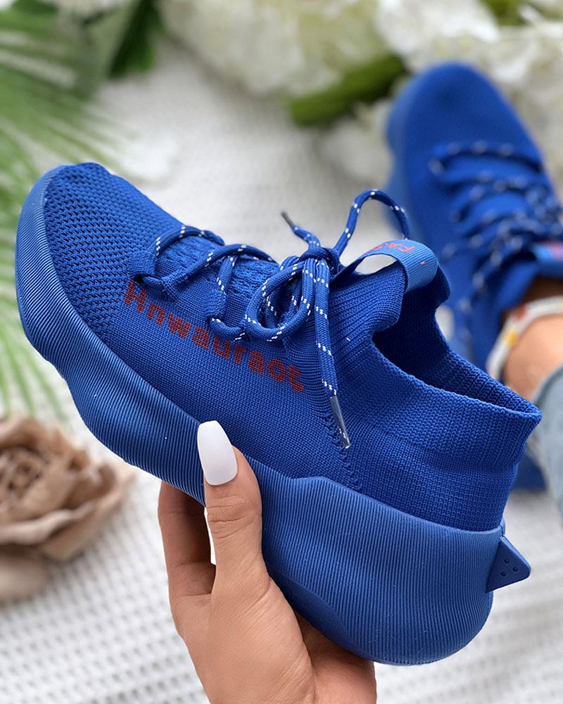 

Letter Pattern Lace-up Muffin Sneakers, Blue