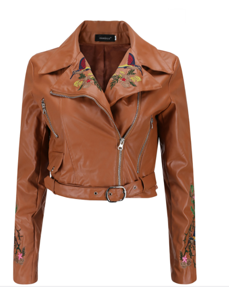 

PU Leather Bird Floral Embroidery Zipper Design Jacket, Brown