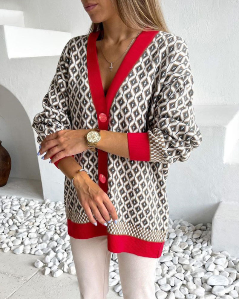 

Geo Print Lantern Sleeve Button Front Cardigan, Red