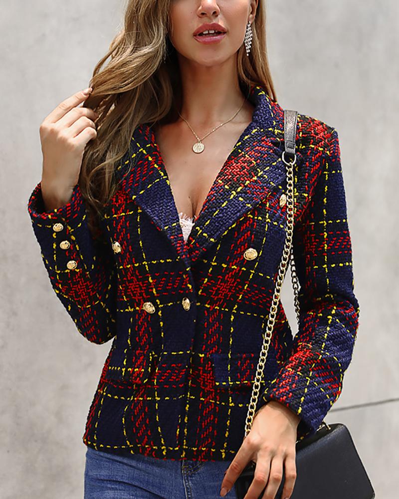 

Notched Collar Double-breasted Plaid Blazer, Red