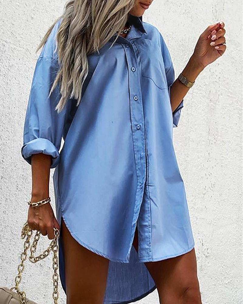 

Pocket Design Buttoned Long Sleeve Shirt Dress, Blue